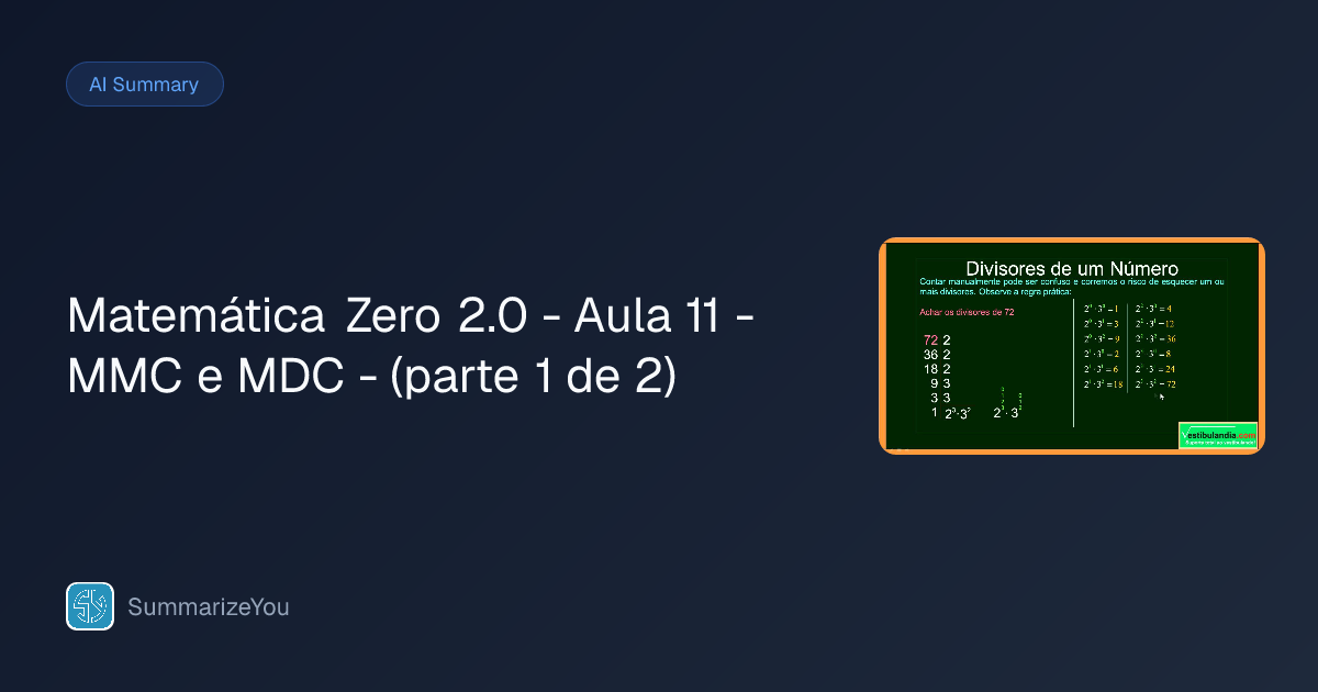 Summary of Matemática Zero 2.0 - Aula 11 - MMC e MDC - (parte 1 de 2 ...