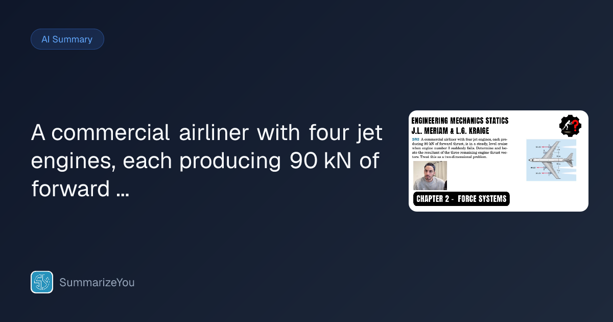 Summary of A commercial airliner with four jet engines, each producing ...